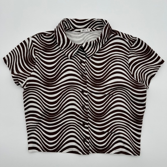 Garage Tops - Garage Brown‎ White Wavy Psychedelic Stripe Button Down Crop Top Womens Small